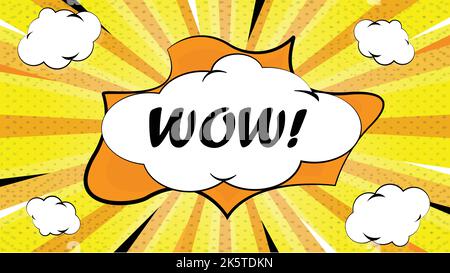 Comic speech bubble with sunburst text WOW!. Vector bright dynamic cartoon illustration in retro pop art style isolated on red gradient background. Stock Vector