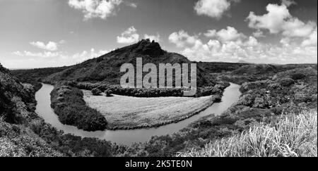 A landscape shot of the Kauai's Wailua river surrounded by grass and mountains in Hawaii, America Stock Photo