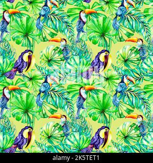 Toucan tropical birds and palm leaves watercolor seamless pattern on green background. Colorful animal print hand painted. Exotic floral design for fa Stock Photo