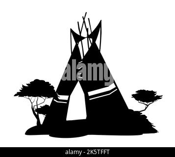 Silhouettes Indians wigwam hut made of felt and skins. North American tribal dwelling. Traditional home of nomadic peoples. Isolated on white Stock Vector