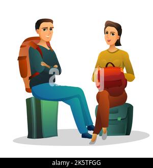 Tourists with backpacks and suitcases. Sits on luggage and waits. Isolated on white background. Boy and girl or husband and wife. Vector. Stock Vector