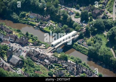 The Iron Bridge undergoing restoration. It was the world's first single span cast iron bridge constructed over the River Severn at Coalbrookdale in 1779, Ironbridge, Shropshire, 2018. Stock Photo