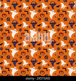 Bright dark pattern with pumpkins, ghosts, skulls, bats and spiders. Halloween festive autumn decoration. October holiday background for paper print, textile and design. Vector flat illustration. Stock Vector