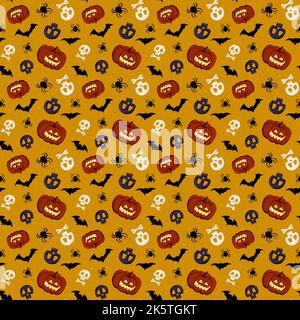 Bright dark seamless pattern with pumpkins, skulls, bats and spiders. Festive autumn decoration for Halloween. Holiday October background for paper print, textile and design. Vector flat illustration Stock Vector