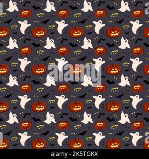 Bright dark pattern with pumpkins, ghosts and bats. Festive autumn decoration for Halloween. Holiday October background for paper print, textile and design. Vector flat illustration Stock Vector
