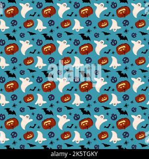 Bright seamless pattern with pumpkins, ghosts, skulls, bats and spiders on blue background. Festive autumn decoration for Halloween. Holiday October paper print. vector flat illustration Stock Vector