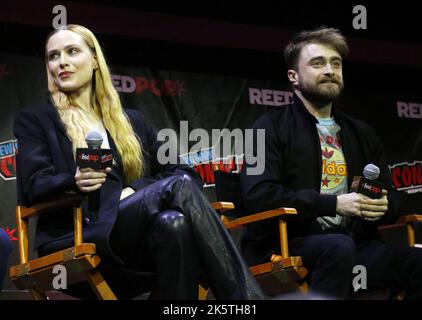 Evan Rachel Wood and Daniel Radcliffe speak onstage at Let's Get WEIRD