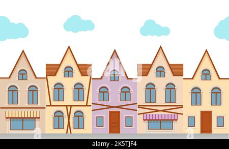 Old street  european small town with vintage houses. Urban landscape. retro home cartoon. Vector illustration In flat style. there is a grocery store Stock Vector