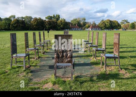 The Jurors artwork by artist Hew Locke on Runnymede meadows, Surrey, England, UK, to mark the 800th anniversary of the sealing of the magna carta Stock Photo
