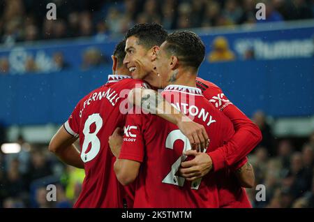 File photo dated 09-10-2022 of Manchester United's Cristiano Ronaldo (centre) celebrates scoring their side's second goal of the game for his 700th club goal of his career. Cristiano Ronaldo’s winner for Manchester United against Everton on Sunday was his 700th goal in club football. Issue date: Monday October 10, 2022. Stock Photo