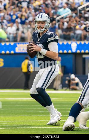 Dallas Cowboys quarterback Cooper Rush (10) looks to throw during a NFL game against the Los Angeles Rams, Sunday, October 9, 2022, at SoFi Stadium, i Stock Photo