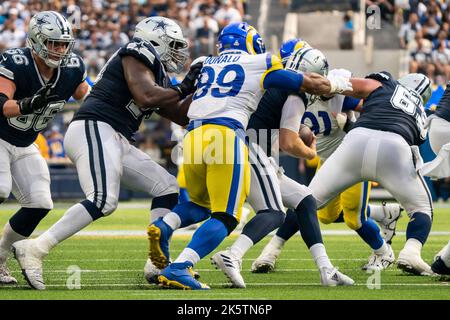 Los Angeles Rams defensive tackle Aaron Donald (99) sacks Dallas Cowboys quarterback Cooper Rush (10) during a NFL game, Sunday, October 9, 2022, at S Stock Photo