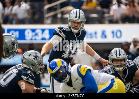 Dallas Cowboys quarterback Cooper Rush (10) calls an audible during a NFL game against the Los Angeles Rams, Sunday, October 9, 2022, at SoFi Stadium, Stock Photo