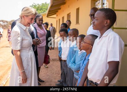 The Countess of Wessex meets children who have participated in the Pono Yame school eye health programme during a visit to Molefe Primary School, Kopong, as she visits Botswana. Picture date: Monday October 10, 2022. Stock Photo