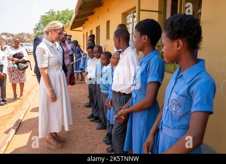 The Countess of Wessex meets children who have participated in the Pono Yame school eye health programme during a visit to Molefe Primary School, Kopong, as she visits Botswana. Picture date: Monday October 10, 2022. Stock Photo