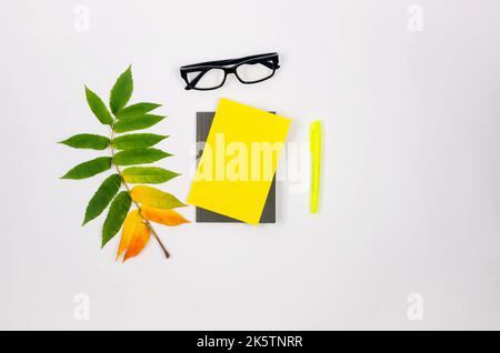 Autumn concept. Yellow notebook with pen, eyeglasses  and orange autumn leaves on a white background. Top view Flat lay. Stock Photo