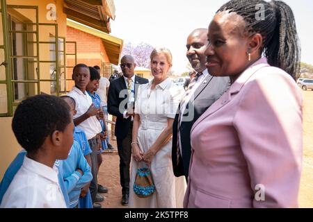 The Countess of Wessex meets children who have participated in the Pono Yame school eye health programme during a visit to Molefe Primary School, Kopong, as she visits Botswana. Picture date: Monday October 10, 2022. Stock Photo