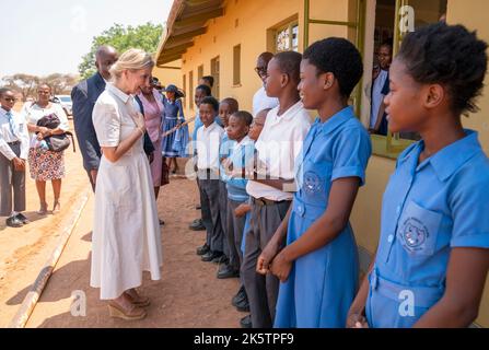 The Countess of Wessex meets children who have participated in the Pono Yame school eye health programme during a visit to Molefe Primary School, Kopong, as she visits Botswana. Picture date: Monday October 10, 2022. Stock Photo