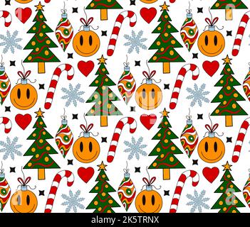 Merry Christmas Groove seamless pattern 70s style. Psychedelic hippie endless texture background Stock Vector