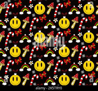 Merry Christmas Groove seamless pattern 70s style. Psychedelic hippie endless texture background Stock Vector