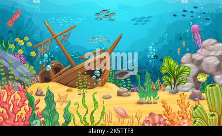 Cartoon underwater landscape with jellyfish and sunken ship on ocean ...