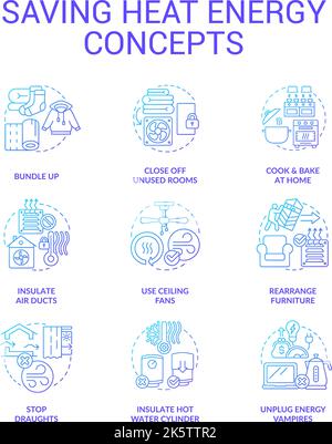 Consuming heat energy less blue gradient concept icons set Stock Vector