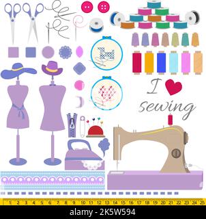 Set of vector sewing patterns for your design. Vector illustration from objects and materials for courses of sewing, embroidery. Create your poster, p Stock Vector
