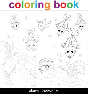 Coloring page template with cartoon turtle, fish and pearl. For children coloring sea life. Vector  EPS 10 Stock Vector
