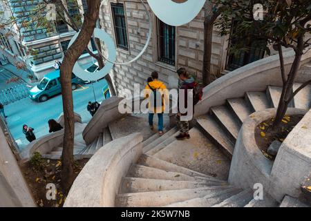 Kamondo Stairs in Galata district of Istanbul and tourists. Istanbul Turkey - 11.13.2021 Stock Photo