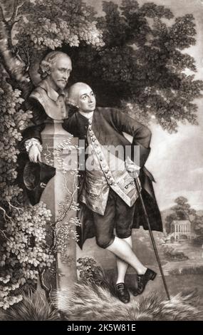 David Garrick, 1717 - 1779. English actor, playwright, theatre manager and producer standing by a bust of William Shakespeare.  From a print by Valentine Green after the painting by Thomas Gainsborough.