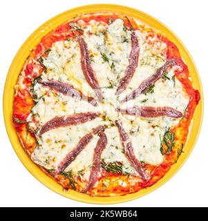 Single italian anchovies pizza over white isolated background Stock