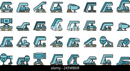 Airplane stairs icons set outline vector. Aerobridge engine. Plane stairs thin line color flat on white Stock Vector