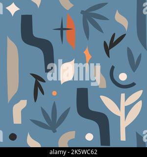 Hand drawn vector abstract stock graphic illustration art seamless pattern,with modern collage nature contemporary print of boho shapes,floral Stock Vector
