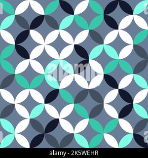 Silver white and green geometric pattern. Overlapping circles and ovals abstract retro fashion texture. Seamless pattern. Stock Vector
