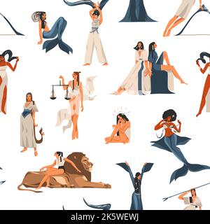 Hand drawn vector stock abstract flat graphic illustration with zodiac sign astrological contemporary seamless pattern with beauty magic females Stock Vector