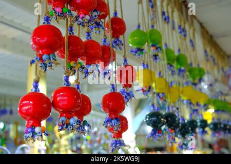 SIRINCE, Izmir, Turkey - January 16, 2022. Various Turkish traditional souvenirs in street shops. Stock Photo