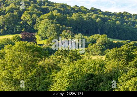 Early morning light on Midsummers Day (June 21st) on 17th century Abbey Farm in the Cotswolds at The Vatch near Stroud,  Gloucestershire , England UK Stock Photo