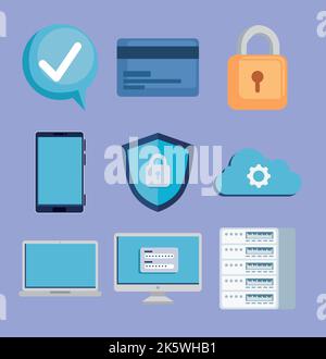 nine cyber security icons Stock Vector