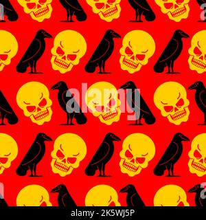Black raven and skull Pattern seamless. Black crow symbol of death Background Stock Vector