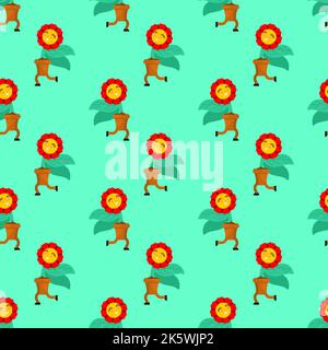Running flower Pattern seamless . Flower delivery Background. Flower in pot run ornament. Vector texture Stock Vector