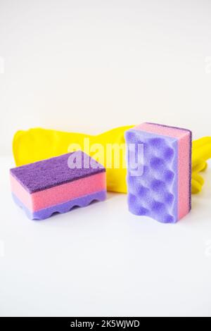 Preparation for cleaning the house, washcloths, rubber gloves. Cleanliness and cleaning concept. Stock Photo