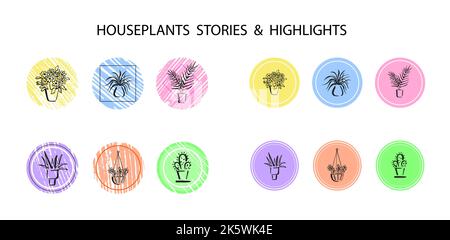 Houseplants story highlight covers. Trendy icons, stickers for blogs and social media, journals. Set of hand drawn silhouettes of potted plants Stock Vector