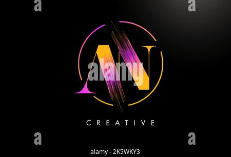 AN Brush Stroke Letter Logo Design. Orange Purple Paint Logo Leters Icon with Elegant Circle Vector Design. Stock Vector
