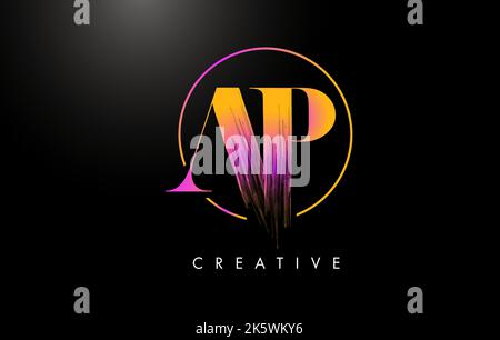 AP Brush Stroke Letter Logo Design. Orange Purple Paint Logo Leters Icon with Elegant Circle Vector Design. Stock Vector