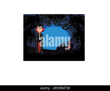 Cartoon Vampire with a haunted castle during the full moon, card with space for text Stock Vector