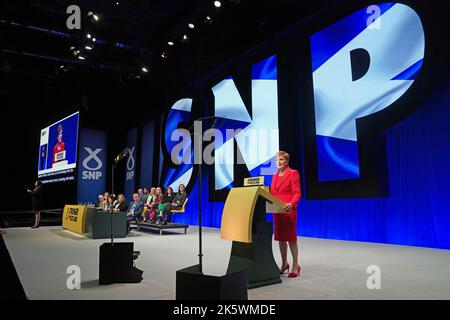 First Minister Nicola Sturgeon delivers her keynote speech during the SNP conference at The Event Complex Aberdeen (TECA) in Aberdeen, Scotland. Picture date: Monday October 10, 2022. Stock Photo