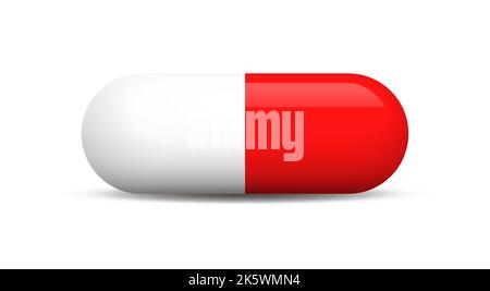 Red and white capsule pill isolated on white background closeup vector illustration. Stock Vector