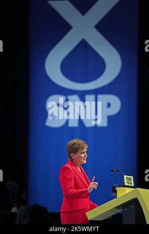First Minister Nicola Sturgeon delivers her keynote speech during the SNP conference at The Event Complex Aberdeen (TECA) in Aberdeen , Scotland. Picture date: Monday October 10, 2022. Stock Photo