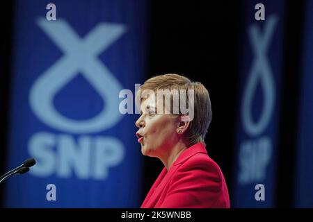 First Minister Nicola Sturgeon delivers her keynote speech during the SNP conference at The Event Complex Aberdeen (TECA) in Aberdeen, Scotland. Picture date: Monday October 10, 2022. Stock Photo