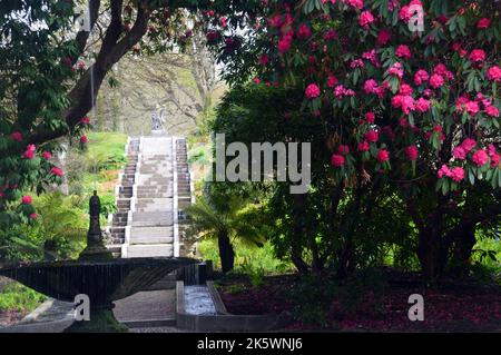 Neptune's Statue & Water Cascade at Holker Hall & Gardens, Lake District, Cumbria, England, UK. Stock Photo